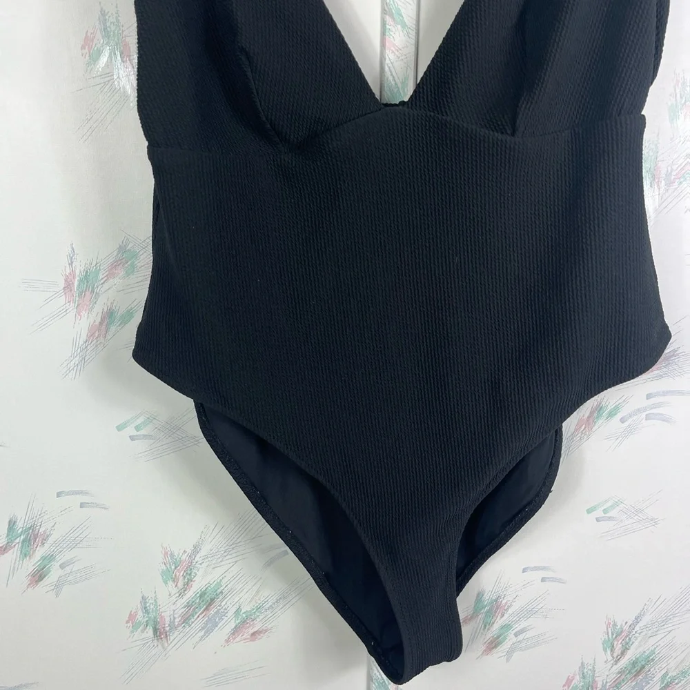H&M Black High Leg Ribbed Swimsuit V-neck XL - Picture 4 of 9